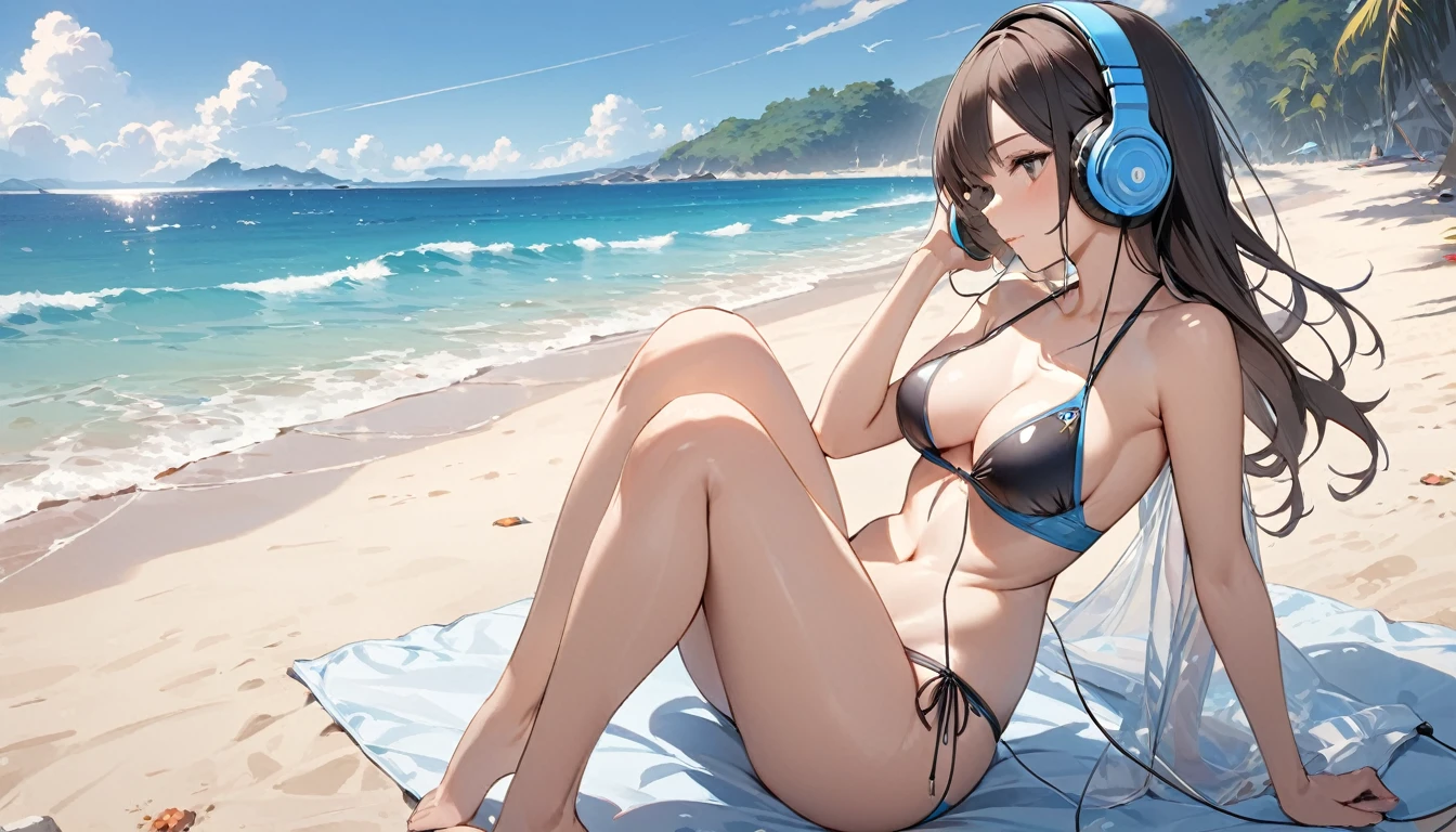 ((Top Quality)), ((Masterpiece)), ((Details)), perfect face, perfect body, sitting on the beach, listening to music, wearing headphones, wearing swimsuit, swimsuit transparent, tight with buttocks and breasts exposed Woman with clothes on and face visible
