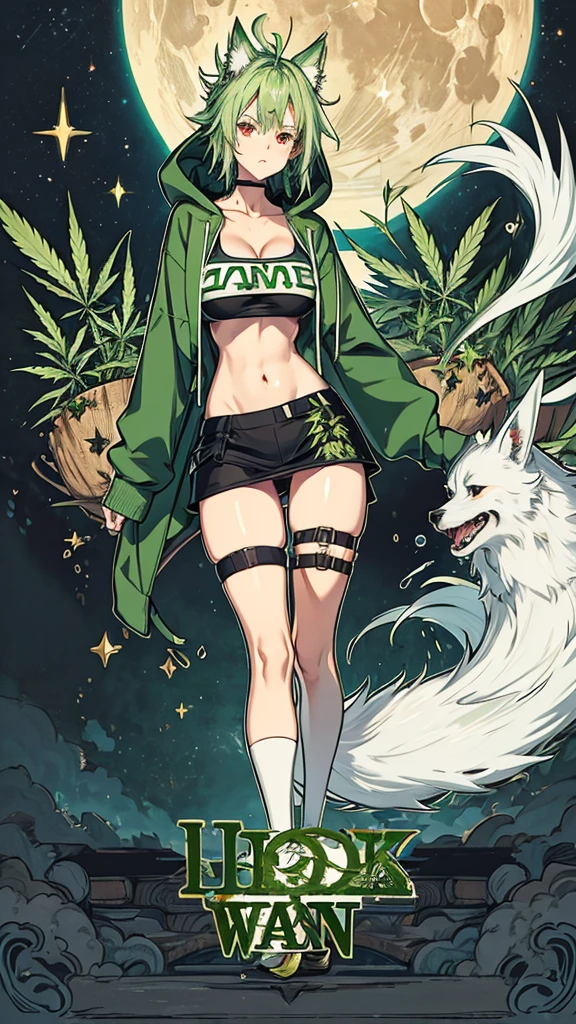 Croped, cleavage, slim waist, cropped hoodie underboob, cropped hoodieunderboobhoodie, 1 girl, 2 wolf ears, wolf tail, marijuana crop hoodie, crop shorts, marijuana hoodie, spiky hair, spiky fur, green hair, red eyes,marijuana field, tight clothes, perfect eyes, perfect hands, clear resolution, full body, cleavage skin, marijuana plants, open hoodie, marijuana field, black thigh high socks, full body, earrings, 1girl, skirt,  cleavage, slim waist, cleavage, slim waist, hair pulled back, big breast, round butt, slim waist, best quality, thick thighs, D-cup breast, 4k quality, night time, full moon