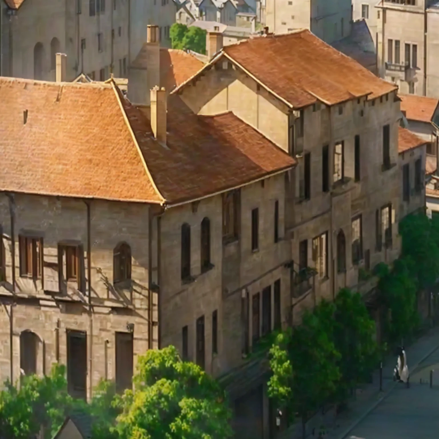 There is a photo of a city with a clock tower, Realistic street scenes, Architectural realism, Town Background, Real photos of the town, European and Japanese architecture, Anime style cityscape, Silvaan Sarayi, Realistic establishing shots,  French Village Exterior, Ultra-detailed 3D painting,Clean wall，