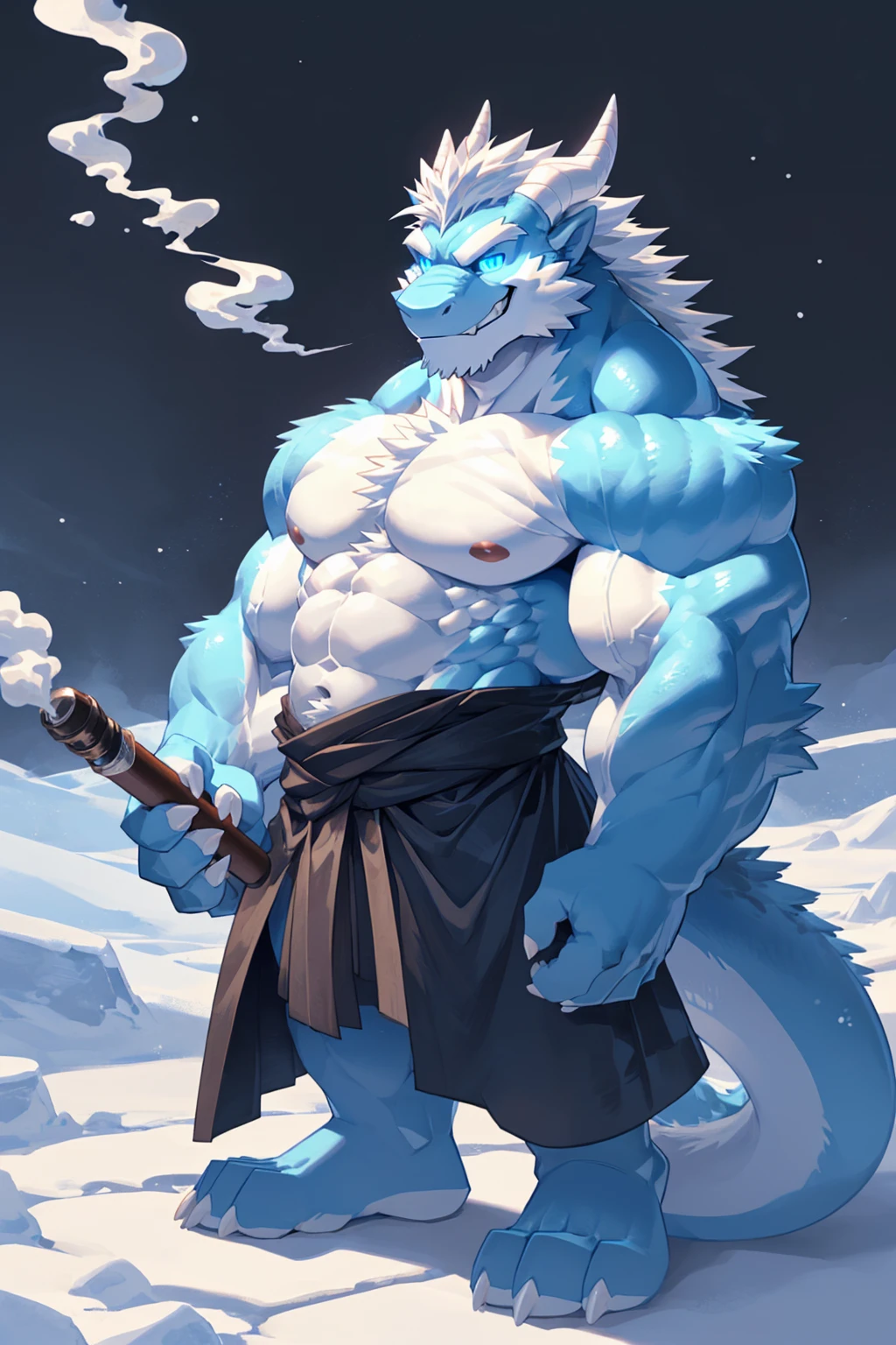 (sfw:1.5), male focus, Handsome 1boy, solitary,protrait photo, single, (White nails, White Paws, White thick eyebrows:1.4), (Sky blue sideburns:1.1), (Sky blue ears:1.2), Sky blue skin, (Sky blue tail:1.4), (Perfect blue eyes:1.4), (White horn, White dragon horn, White curved corner:1.4), (Sky blue body:1.3), (White chest, White chest hair:1.2), (Sky blue feet:1.4), (Sky blue scales:1.4), (Delicate teeth, Sharp teeth, detailed teeth:1.1), (White hair:1.4),
Chinese dragon, Oriental Dragon, feet, chinese dragon, alligdragontor, dragon boy, dragon body, (evil eyes, big eyes, large eyes:1.4), (Delicate corners, Delicate corners:1.4), Dragon Beard, Dragon's foot, Dragon Claw, (Chubby, The body is huge, Larger face:1.3), Human feet, (Four toes:1.4),
(Chinese clothing, Hanfu:1.4), (Black robe:1.4), (Dark blue pattern:1.2), (Topless, Bare neck:1.4),
(full body:1.3), (Mature men:1.4), (Strong body, muscle,Strong male, muscle男, Bare chest, 裸露的Chest muscles:1.4), (八块Abdominal muscles, Abdominal muscles, Chest muscles:1.4), (Red nipples, belly button:1.1), (Bare Arms, Thick arms, Bare legs, Strong and strong legs, Strong legs:1.3), (Standing:1.4), (Looking at the audience, Focus, Eyes gaze:1.2), (arrogant ,charming, charm, grace, courtesy:1.5), (evil smile, evil grin, Smirk, evil smile, Evil smile:1.4), (Blow smoke:1.2), (Pipe in hand:1.4),
full background, (ice, ice窟, arena, maze:1.1),
Mysterious and romantic atmosphere, Caustic lines(refraction, polarization)Perfect anatomical structure, absurd, Detailed background, (Delicate eyes:1.3),Printing style。((artist:Takemoto Arashi))