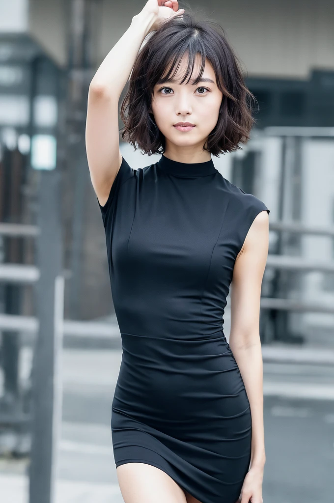 You are a professional photographer。 , short hair blown by the wind. She has a faint smile , Perfect Eyes, Perfect hands, Perfect body, Perfect Hair, Accurate身体, masterpiece, Accurate, Anatomically correct, Rough skin, Very detailed, Advanced Details, high quality, 最high quality, High resolution, 16K, 8K, Looking into the camera,Bold mini dress、Thighs