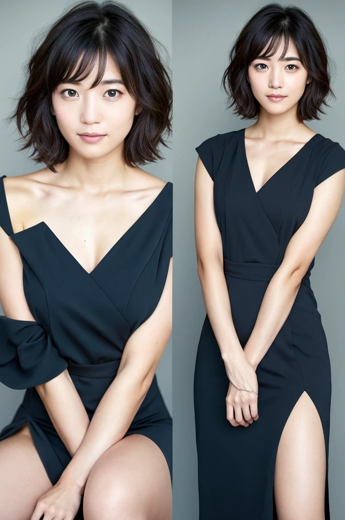 You are a professional photographer。 , short hair blown by the wind. She has a faint smile , Perfect Eyes, Perfect hands, Perfect body, Perfect Hair, Accurate身体, masterpiece, Accurate, Anatomically correct, Rough skin, Very detailed, Advanced Details, high quality, 最high quality, High resolution, 16K, 8K, Looking into the camera,Bold mini dress、Thighs
