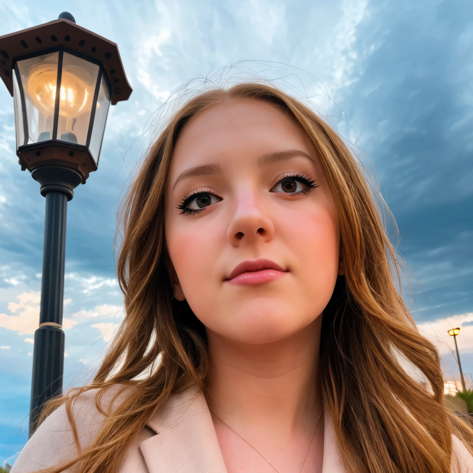 camdygrams, 1girl, solo, looking at viewer, face closeup, 
Clouds, cloudy weather, light from a street lamp
