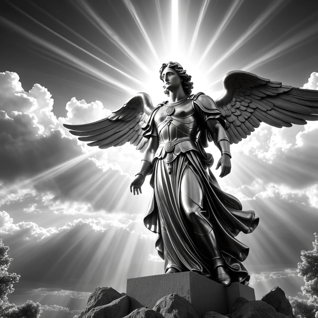 archangel, religious, surrealistic, thinking, Surrealism, Social realism, cinematic lighting, god rays, ray tracing, blending, multiple monochrome, masterpiece, high details, award winning, 8k, highres, best quality, strong man, the sky is like trembling