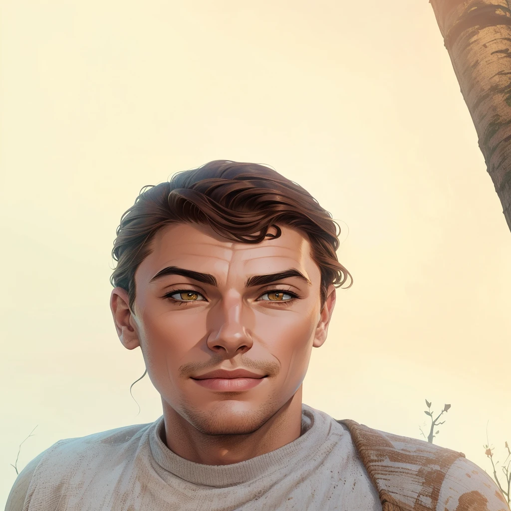 masterpiece, best quality, realistic, 1boy, mature male, quiet and charming young boy, 19 year old, a smirk, closed mouth, gold skin, portrait, extremely detailed face, cold and smirk, ((honey eyes)), ((short wavy brown hair)), [thick eyebrows], dark palace, ((soldier)), dim light, evil, woods background