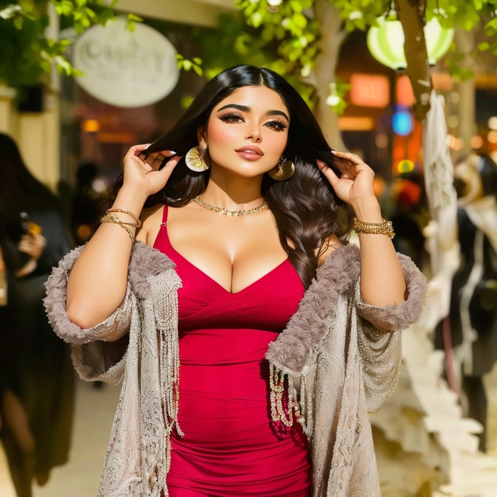 woman in red dress and fringe jacket posing for a picture, tanned ameera al taweel, cute woman, violet myers, gorgeous woman, demi rose, wearing a red outfit, stunning woman, girl wears a red dress, gorgeous lady, wearing red dress, wearing a red dress, photo taken at night, at night time, mid shot portrait, beautiful woman, sexy, big , cleavage show