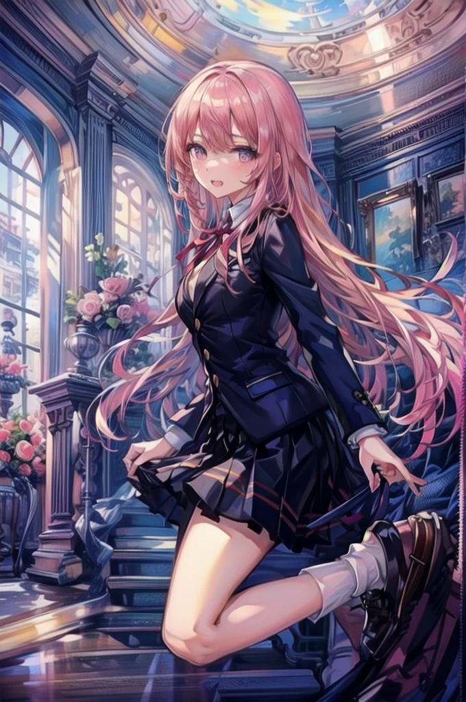 a beauty girl,Uniform Ribbon,Cute Blazer,Laughter,girl,length,anime a girl,Highest quality,Huge ,Pink Hair,masterpiece,Great style,length,Sexy and cute,Ultra-high resolution,beautiful a girl,Lovely girl,loose socks,Perfect beautiful girl,HD quality,8K,