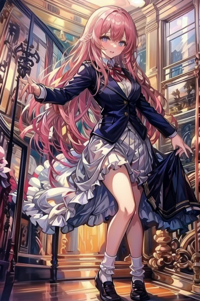 a beauty girl,Uniform Ribbon,Cute Blazer,Laughter,girl,length,anime a girl,Highest quality,Huge ,Pink Hair,masterpiece,Great style,length,Sexy and cute,Ultra-high resolution,beautiful a girl,Lovely girl,loose socks,Perfect beautiful girl,HD quality,8K,