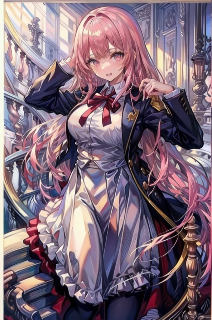 a beauty girl,Uniform Ribbon,Cute Blazer,Laughter,girl,length,anime a girl,Highest quality,Huge ,Pink Hair,masterpiece,Great style,length,Sexy and cute,Ultra-high resolution,beautiful a girl,Lovely girl,loose socks,Perfect beautiful girl,HD quality,8K,