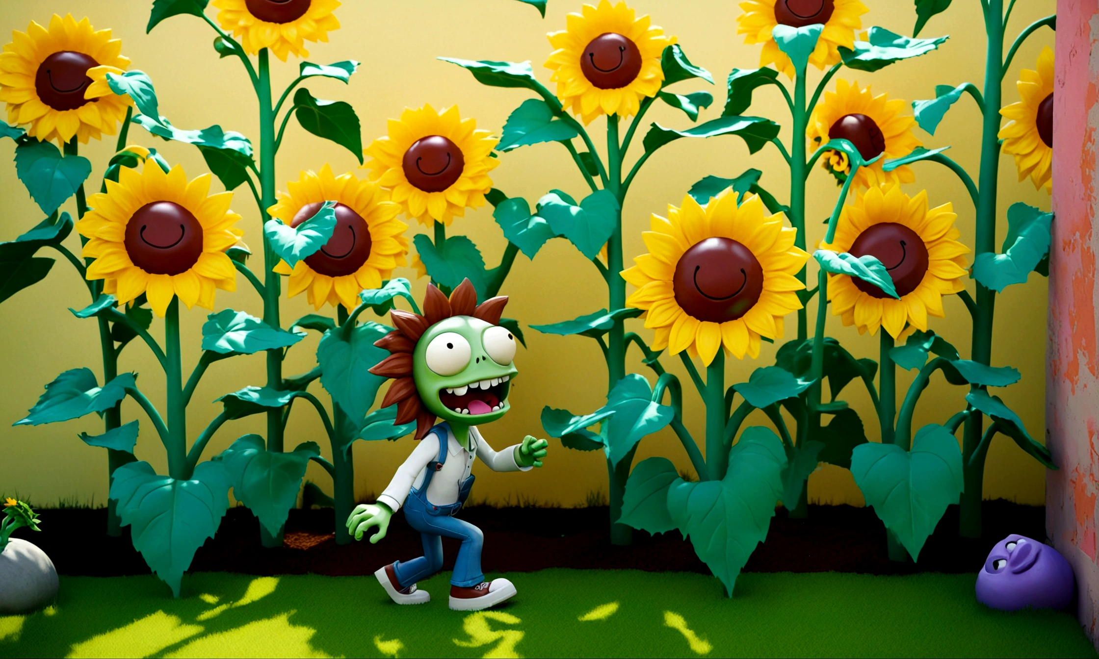 Plants vs Zombies style, Peashooter, Sunflower, Wall-nut, Zombie,hand-painted, vivid colors, cartoony, detailed characters, lush garden, dynamic poses, highres, detailed environment, action-packed, cute, comical, sunlit, studio lighting, playful, colorful palette, imaginative composition, whimsical, captivating scenes