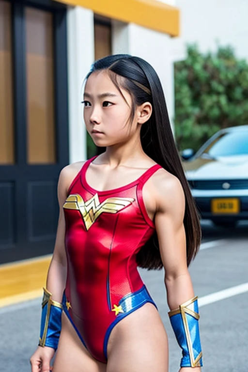 Girl, 12, Chinese, Very Muscular Build, Wonder Woman Outfit, Leotard