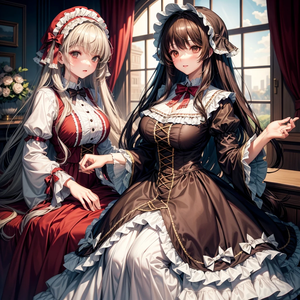 long dark hair / big tits / brown eye / lolita costume outfit