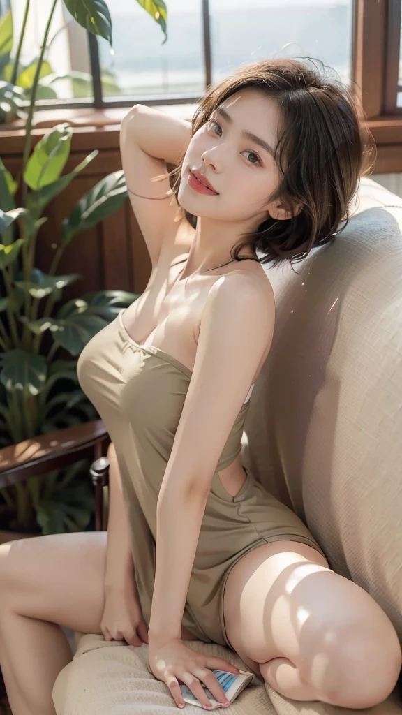 (((best quality))),(((very detailed))),(((masterpiece))),illustration,((1 beautiful girl, College student,alone)),((slim,thin,big bust,huge breasts)),(short hair:1.2),(strapless tank top:1.2), studying, books, dormitory, Summer Afternoon, sky, gloomy shadow, bed, Wooden desk, bookshelf, Soft and warm light, lamp, soft light, Almond-shaped eyes, textbooks, fancy, Beach, city, vacation, laugh, pen, emphasis, notebook, date, leg stretching, A cushion, portable fan, soothing breeze, summer heat, herbal tea, thirst, potted plants, greenery, vibrant leaves, cozy atmosphere, a firm expression, excel test, Summer Vacation, Intellect, crystal, achieve the goal,((sit on the sofa,arms back,spread legs,in front,whole body))