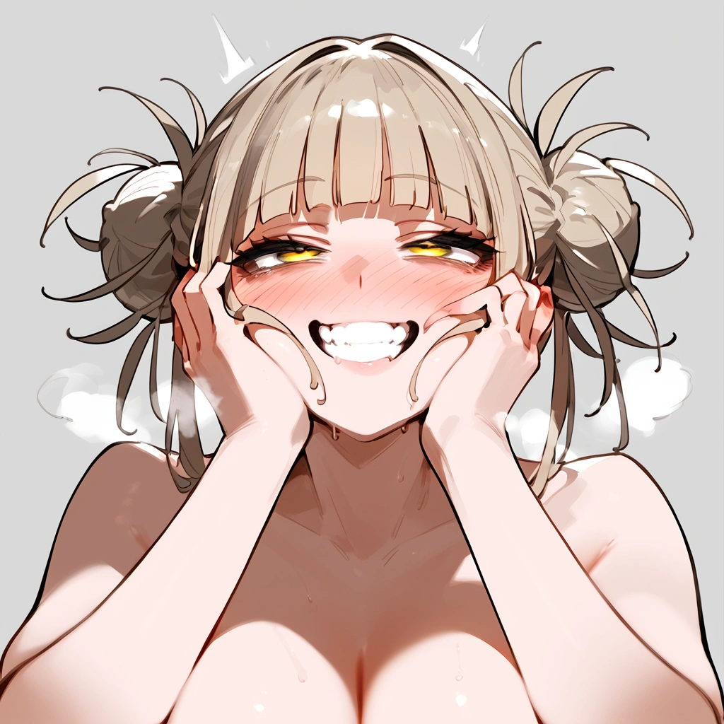 anime artwork, score_9, score_8_up, score_7_up, score_6_up, score_5_up, score_4_up, floox style //////Himiko toga, big breasts, she is 24 years old, style_3, , , , naked,, yellow eyes, solo, nude,, smile, , grey background, simple background , , ,hands on face, AMAZING!, ahegao, , , full-face blush,, , steam, deep breath, , , steaming body, face close-up, she get fucked, a little bit below view, rolling eyes, big tits, detailed face, head up, clenched teeth