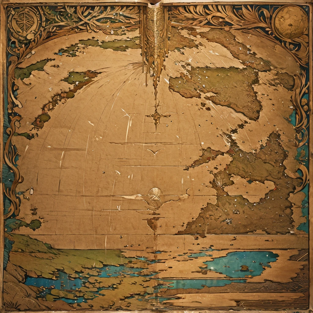 Fantasy world, ((5 islands)), map of the entire world, ((best quality)), no decorations, ((mediaval age)), ancient parchment, moon-shaped island