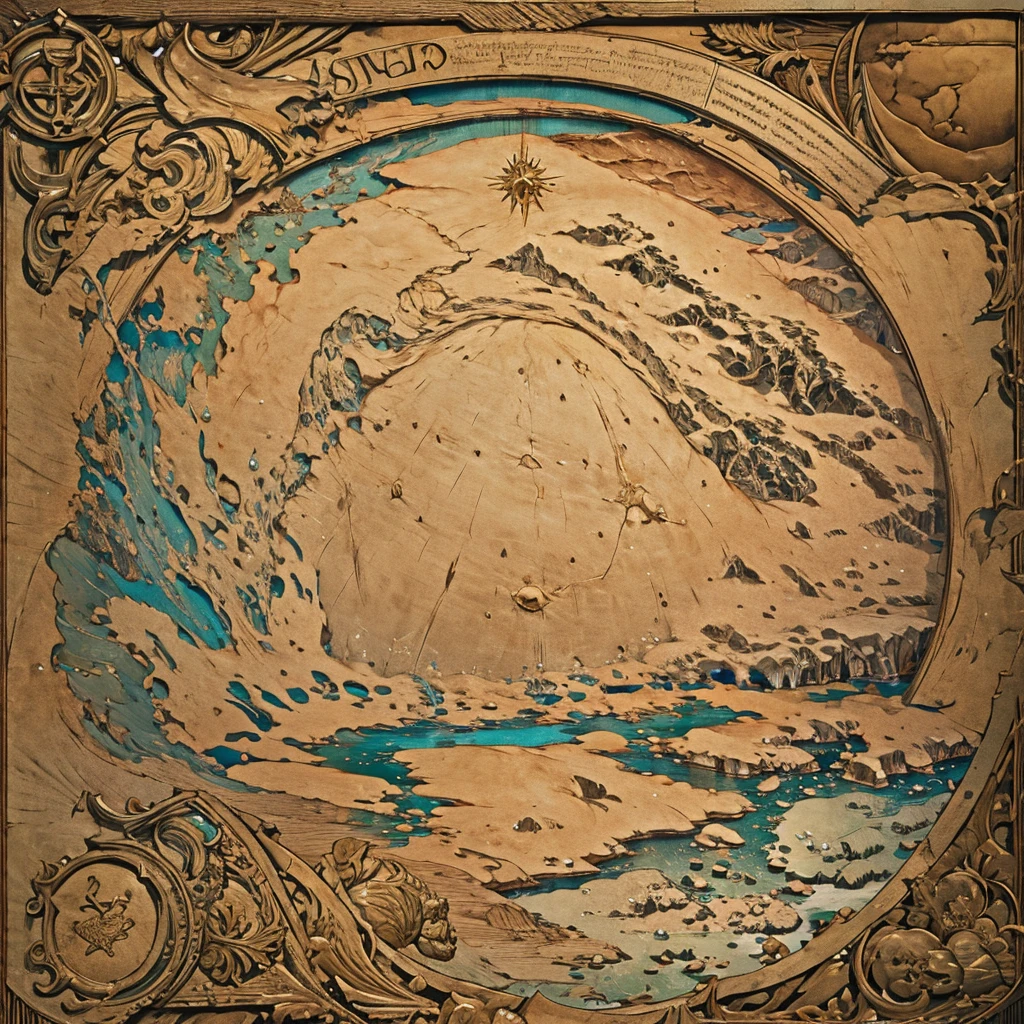 Fantasy world, ((5 islands)), map of the entire world, ((best quality)), no decorations, ((mediaval age)), ancient parchment, moon-shaped island