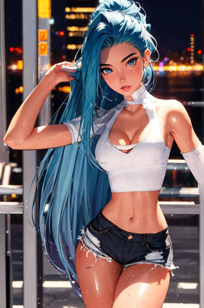 (best quality: 1.2), clean face, (masterpiece: 1.2, 8k)(PureErosFace_V1: 0.7), perfect anatomy, 1girl,a beautiful fashion model ,(masterpiece, official art, best quality) (wet skin, shiny skin) ,long and shiny hair, blue hair with streaks in hair, long hair, full lips, upturned nose , big breasts, looking at viewer, revealing outfit, absurdity, intricate details, , dynamic pose, club, dancing, night life, cinematic lighting, (highly detailed skin: 1.2), wearing
 short shorts and a tight white top, cleavage, torn clothes