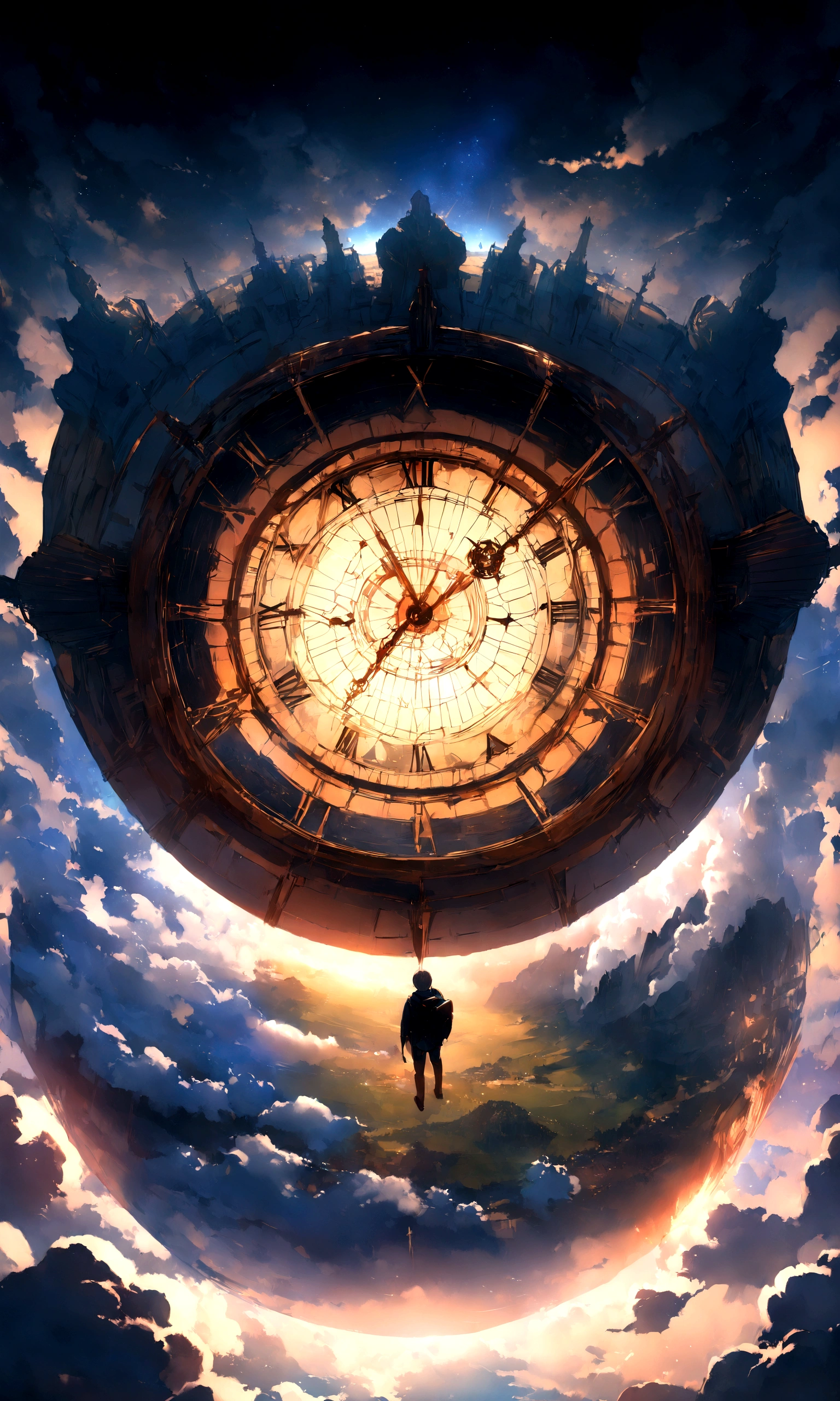 Very detailed CG Unity 8K 壁紙、Cinematic lighting、Lens flare、Beautiful detailed eyes、landscape、ultra HD、cloud、8K quality、Ultra Sharp、Real Light、surreal、Ridiculous Resolutions, High resolution, (masterpiece:1.4), Very detailed, One boy, View from above, space, floating, - At six o'clock