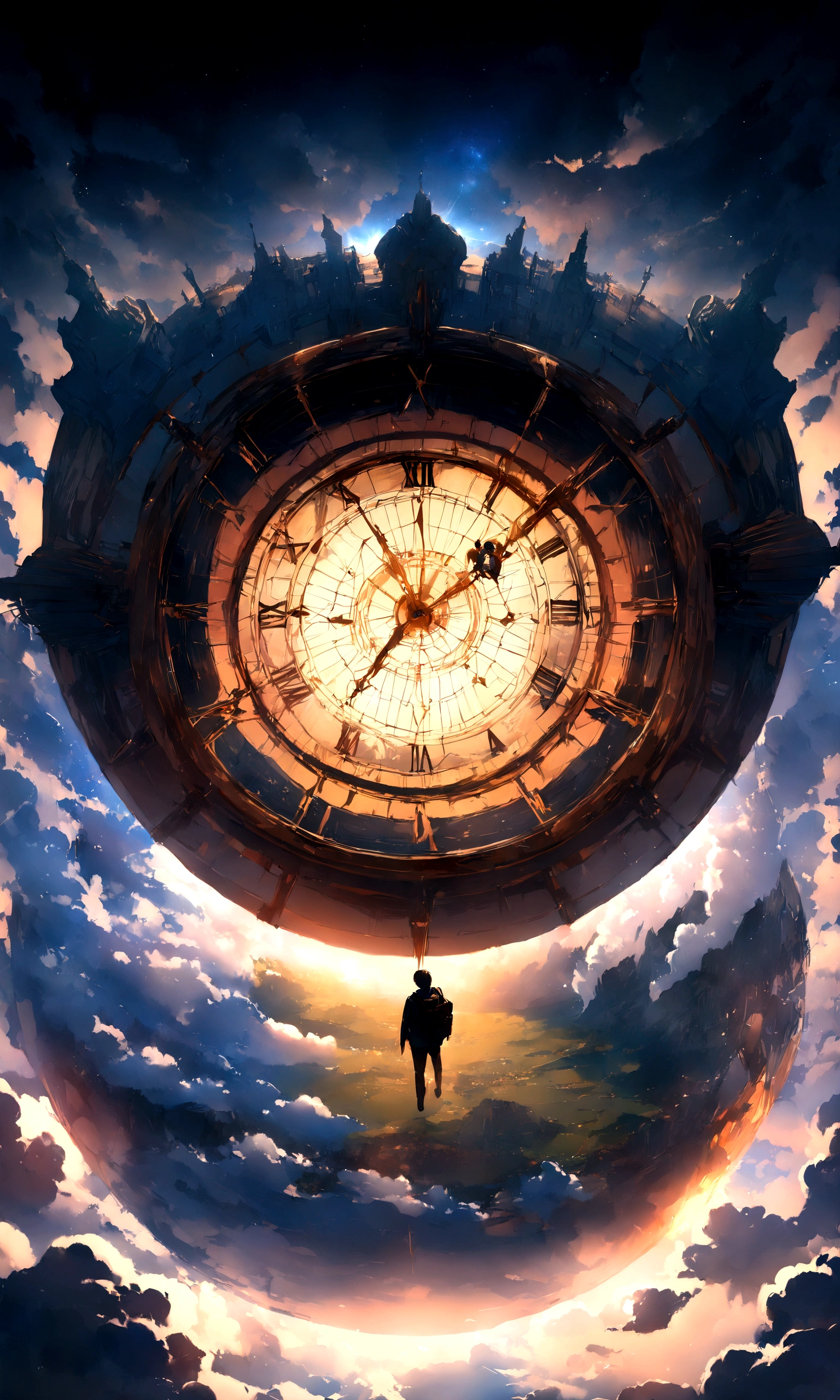 Very detailed CG Unity 8K 壁紙、Cinematic lighting、Lens flare、Beautiful detailed eyes、landscape、ultra HD、cloud、8K quality、Ultra Sharp、Real Light、surreal、Ridiculous Resolutions, High resolution, (masterpiece:1.4), Very detailed, One boy, View from above, space, floating, - At six o'clock