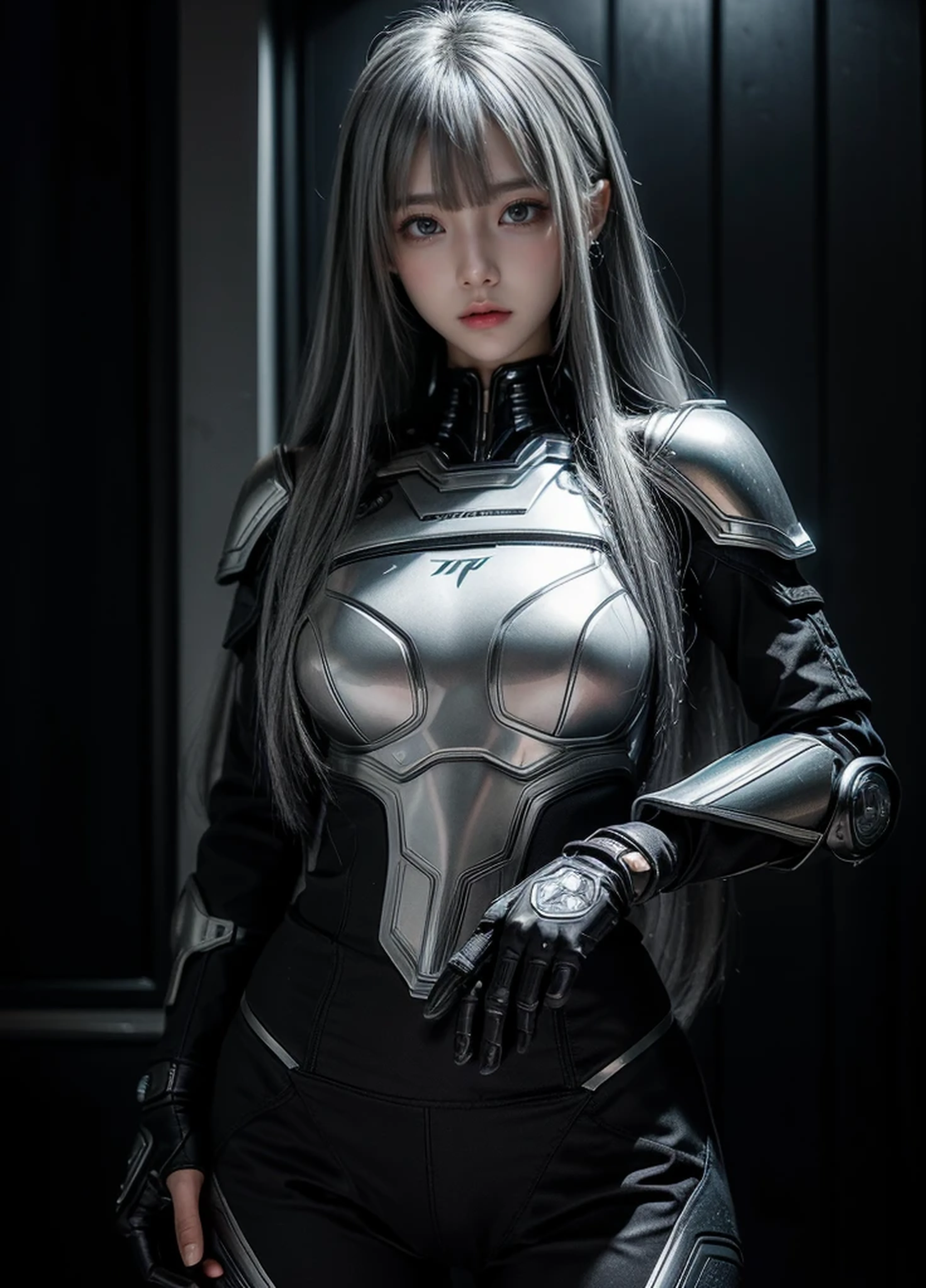 cyber angel,machine wing,{{Sci-Fi Armor}},cyber suit,cyberpunk,science fiction,cyber battle armor,Battledress,Military Uniforms,pants,black military uniform,whole body,Height: 168cm,almond shape eyes,{{{{{silver eyes}}}}},{{{{{dull bangs}}}}},(slanted eyes},{{whole body},{{{1 girl}}}, long hair, straight hair,{{{{silver hair}}}},{{{tsurime}}},30 years old,{Medium chest},{{bush}},silver eyes,{{{masterpiece}}}, {{{highest quality}}}, {{Super detailed}}, {shape}, {{very delicate and beautiful}},very detailed,detailed perfect,detailed hyper,Abundant thighs,big ass,black clothes