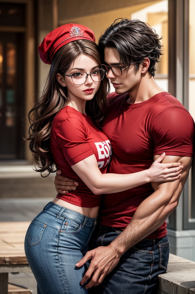 (masterpiece, best quality:1.2), A couple , boy Nino Lahiffe: Brown skin, dark hair, usually seen wearing a red cap, glasses, and casual clothing like a T-shirt and jeans, and a girl Alya Césaire: Brown skin, curly dark brown hair, often wears glasses, and typically seen in stylish, casual outfits. A casual day out with both characters in their everyday attire,Sharing a tender moment, like sitting on a rooftop overlooking Paris..(girl and boy:1), smiling, ((high resolution illustration)), ((extremely detailed)), (couple), Alya, Nino, Nino X Alya, (best quality,4k,8k,highres,masterpiece:1.2), ultra-detailed, realistic:1.37, HDR, studio lighting, extreme detail description, nino wearing a red cap, professional, vibrant colors, bokeh, ((muscular female bodybuilder)), detailed lips, strong embrace, romantic scene, intimate moment, intense passion, athletic bodies, fitness couple, gym.