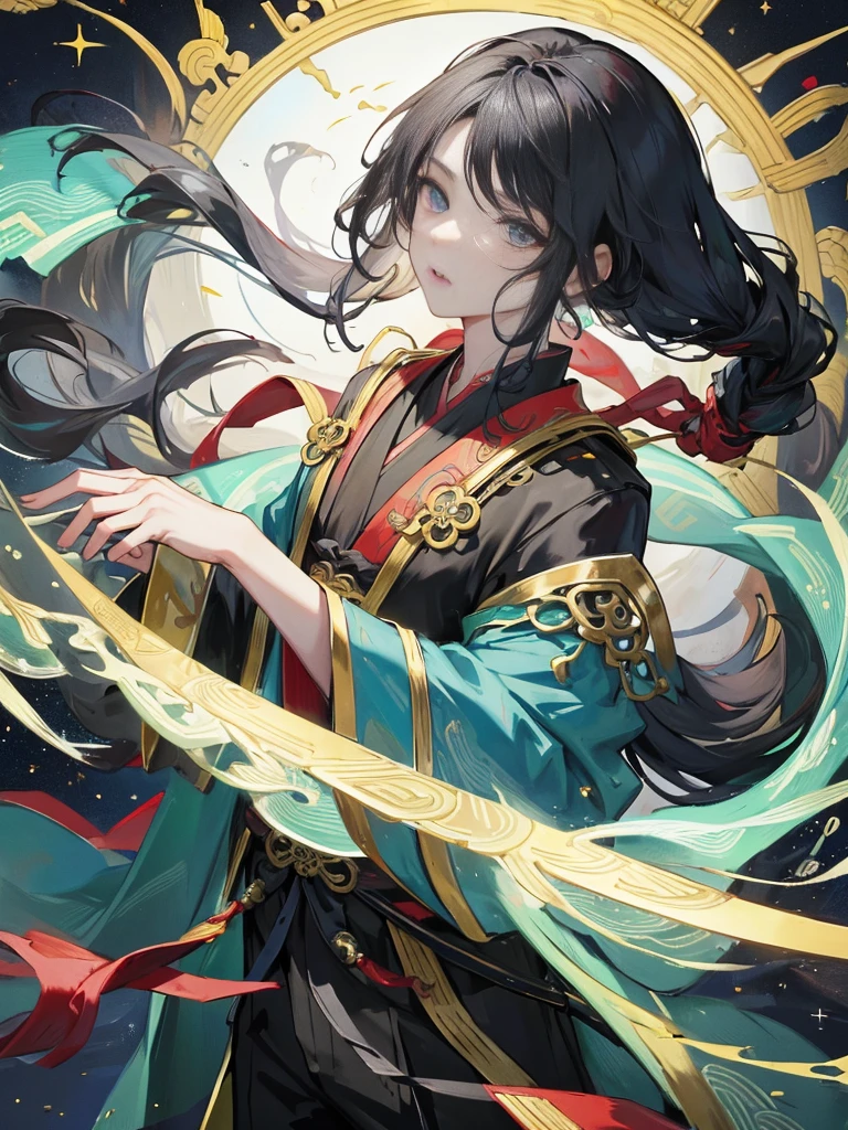 ((Official Art,masterpiece)):0.9,Clear focus,1 boy,Chinese style,There are patterns on the clothes,Oriental Fantasy,1 boy手里拿着一本书, Black long hair,Black suit,solo,(night,Starry Sky,Meteor Showers,Galaxy:1.2)Long gray hair, Blue eyes,Chinese Folk Tales,swordsman