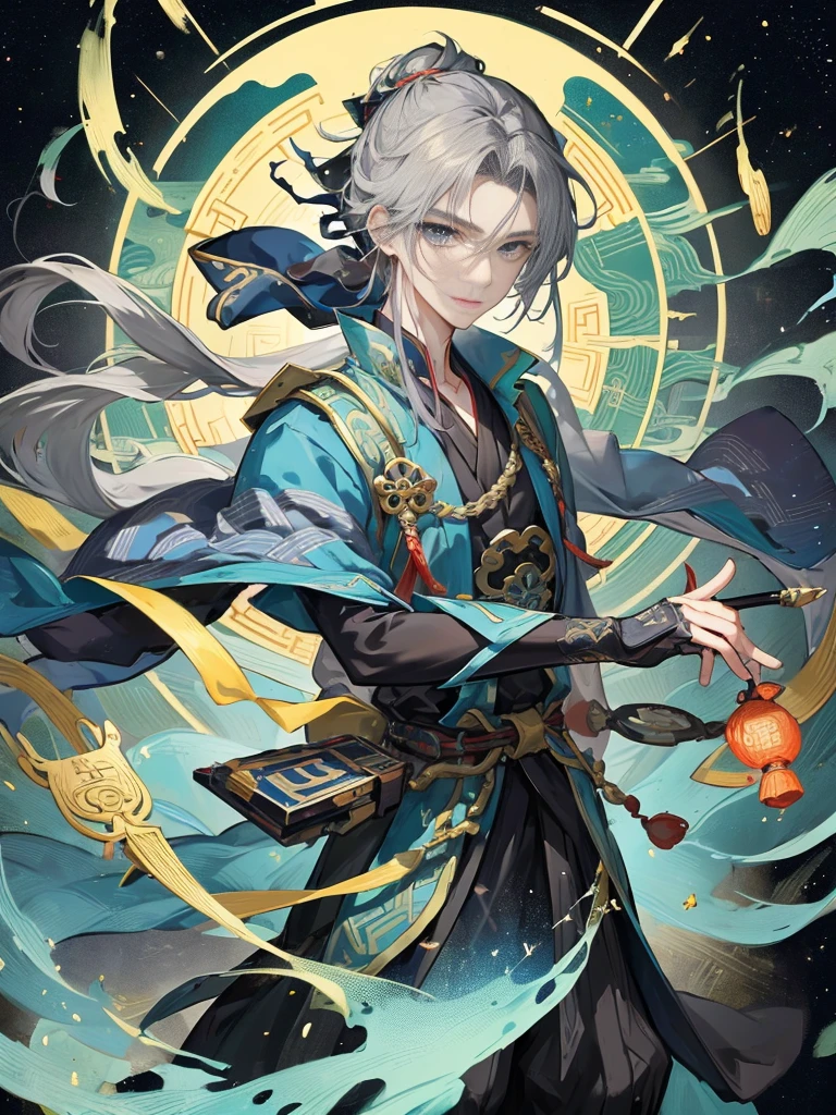 ((Official Art，masterpiece)):0.9，Clear focus，1 boy，Chinese style，There are patterns on the clothes，Oriental Fantasy，1 boy手里拿着一本书, Black long hair，Black suit，solo，（night,Starry Sky，Meteor Showers，Galaxy：1.2）Long gray hair, Blue eyes,Chinese Folk Tales，swordsman