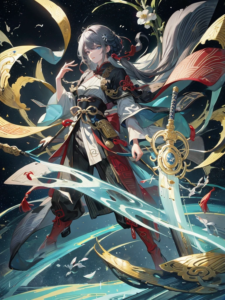 ((Official Art,masterpiece)):0.9,Clear focus,1 boy,Chinese style,There are patterns on the clothes,Oriental Fantasy,1 boy手里拿着一本书, Black long hair,Black suit,solo,(night,Starry Sky,Meteor Showers,Galaxy:1.2)Long gray hair, Blue eyes,Chinese Folk Tales,swordsman
