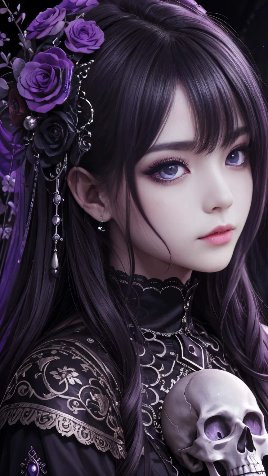 Highly detailed 8K wallpapers, Medium shot photo of a necromancer with shadows, Complex, High Detail, dramatic, Gothic, skull, Bright Eyes, Deep lilac, Holding a skull head with bright eyes Deep lilac, Pret vegetal.