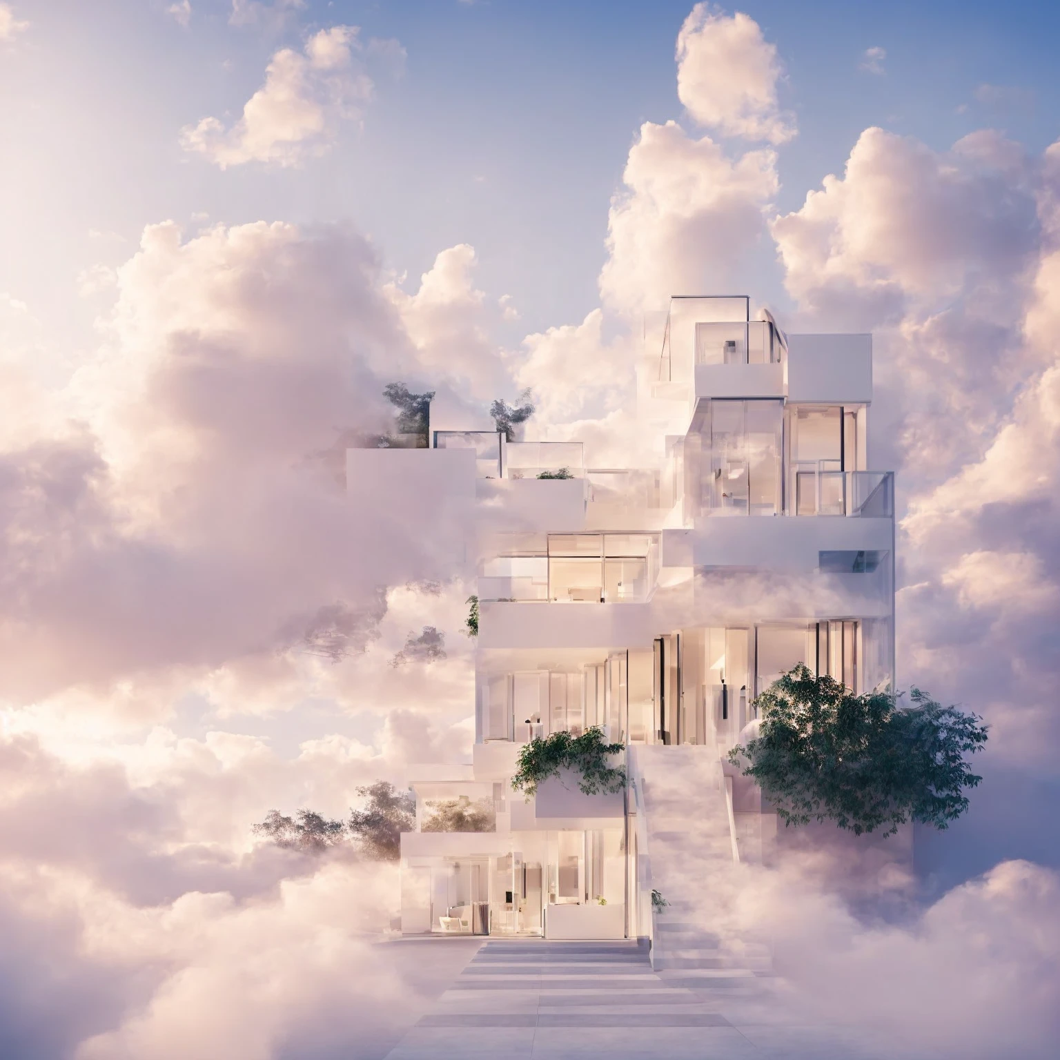 Realistic luxurious beauty clinic amidst dreamy pastel clouds, modern facade, white walls, large windows, white path leading to entrance, real soft-lit clouds in, highly detailed textures, photorealistic lighting, immersive magical atmosphere, grand backdrop