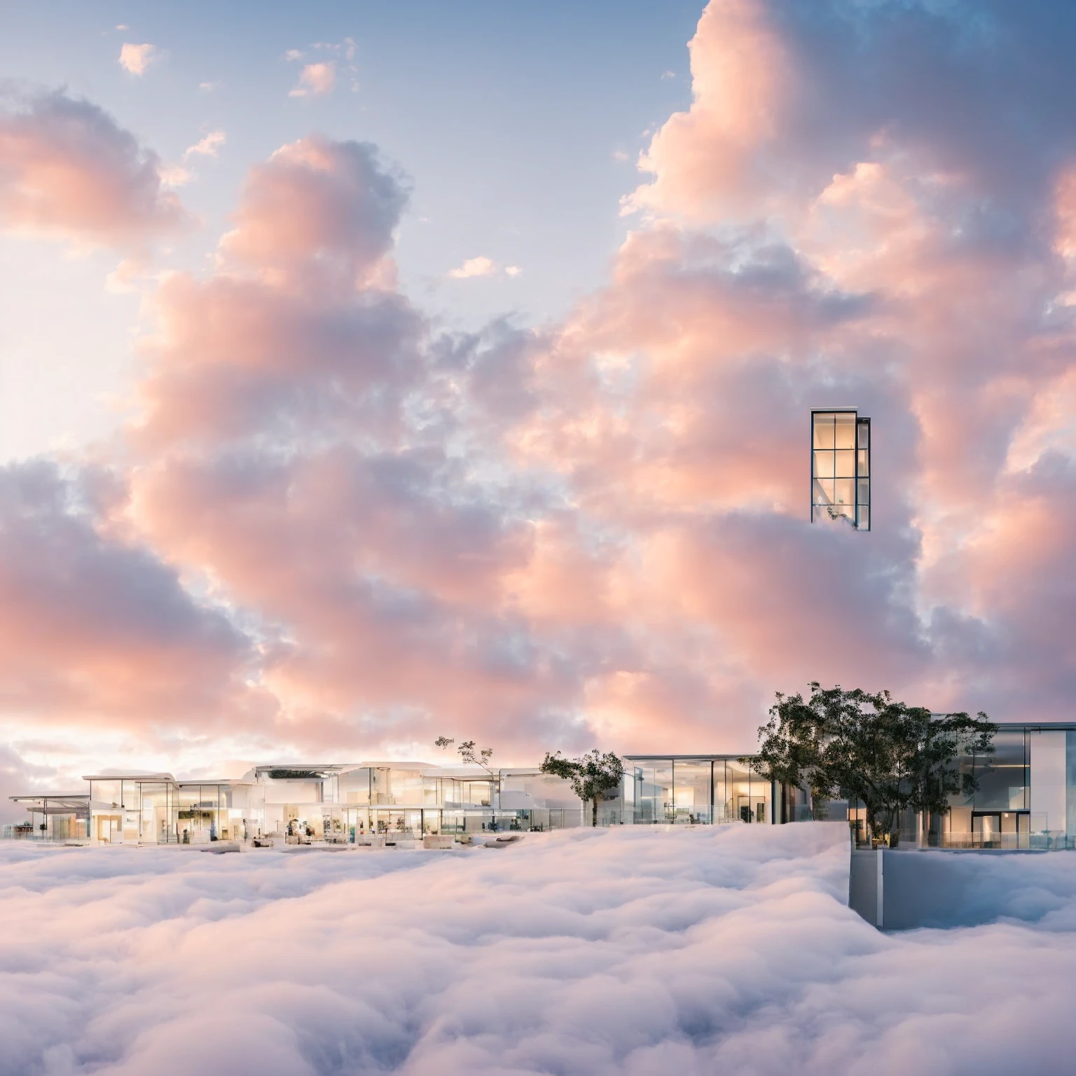 Realistic luxurious beauty clinic amidst dreamy pastel clouds, modern facade, white walls, large windows, white path leading to entrance, real soft-lit clouds in, highly detailed textures, photorealistic lighting, immersive magical atmosphere, grand backdrop