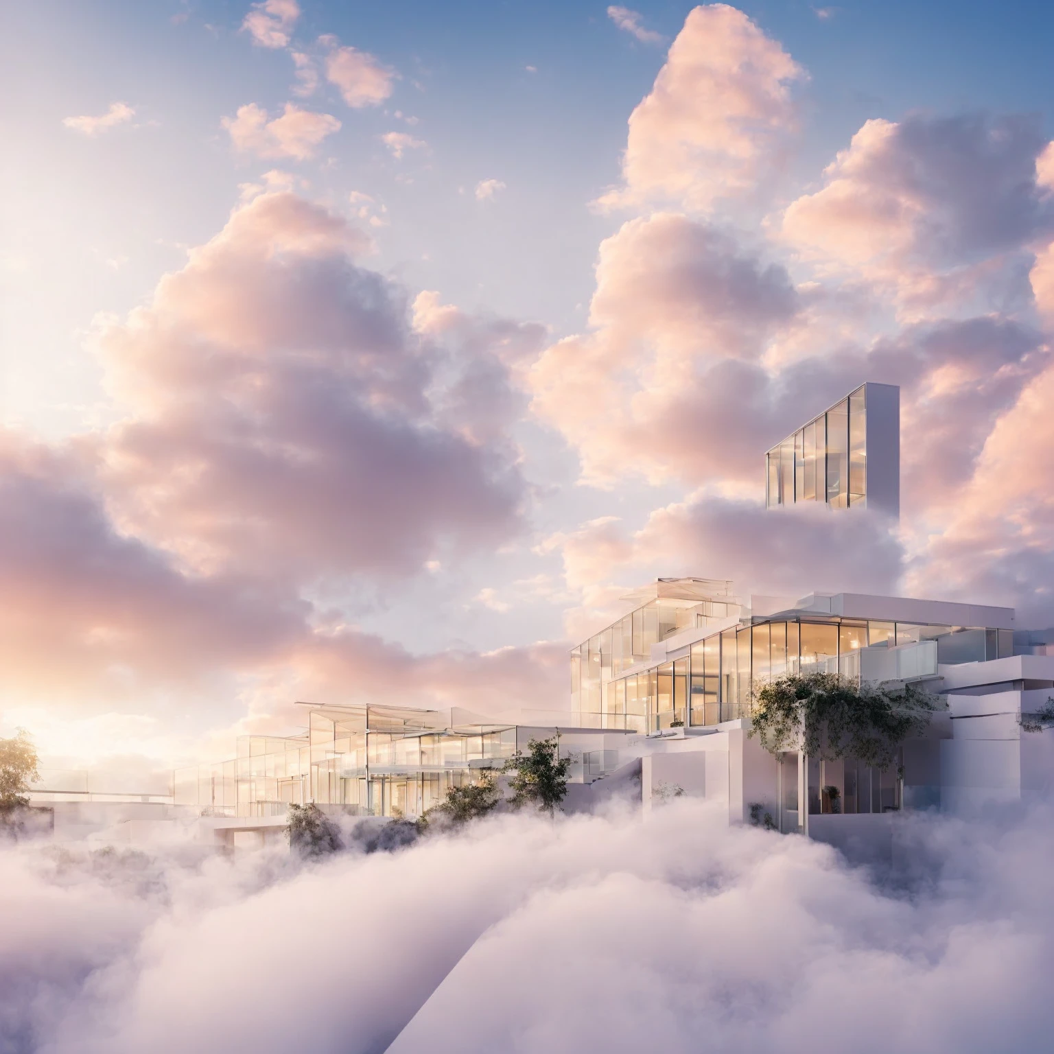 Realistic luxurious beauty clinic amidst dreamy pastel clouds, modern facade, white walls, large windows, white path leading to entrance, real soft-lit clouds in, highly detailed textures, photorealistic lighting, immersive magical atmosphere, grand backdrop