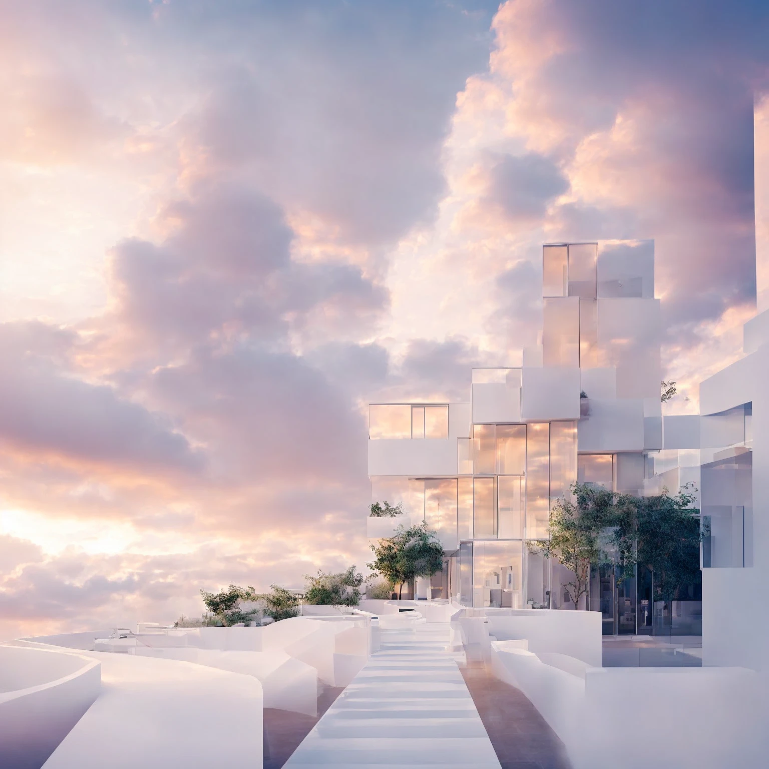 Realistic luxurious beauty clinic amidst dreamy pastel clouds, modern facade, white walls, large windows, white path leading to entrance, real soft-lit clouds in, highly detailed textures, photorealistic lighting, immersive magical atmosphere, grand backdrop