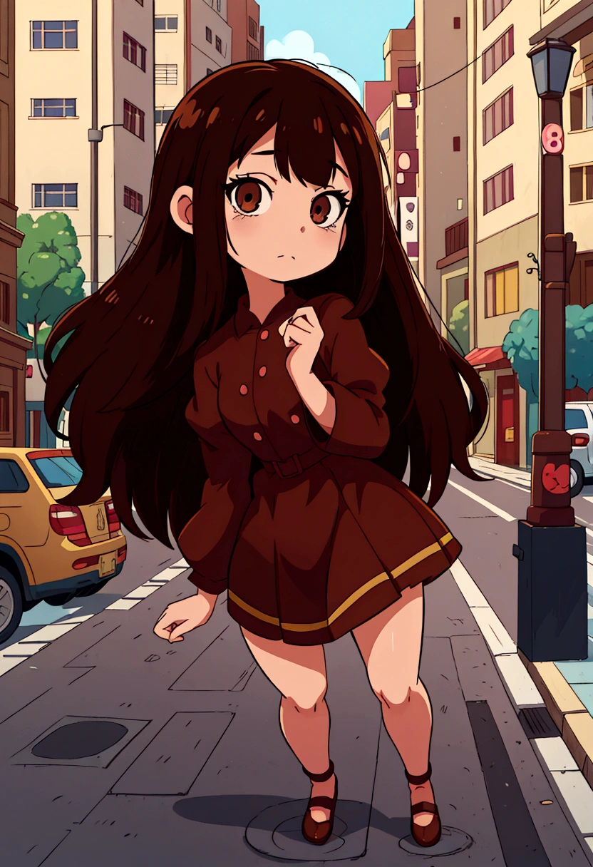 anime girl in a brown dress standing on a city street, anime moe artstyle, anime visual of a cute girl, the anime girl is running, anime style. 8k, cute anime girl, anime style illustration, cute art style, flat anime style, , in anime style, hagrid in cute anime style, digital anime illustration