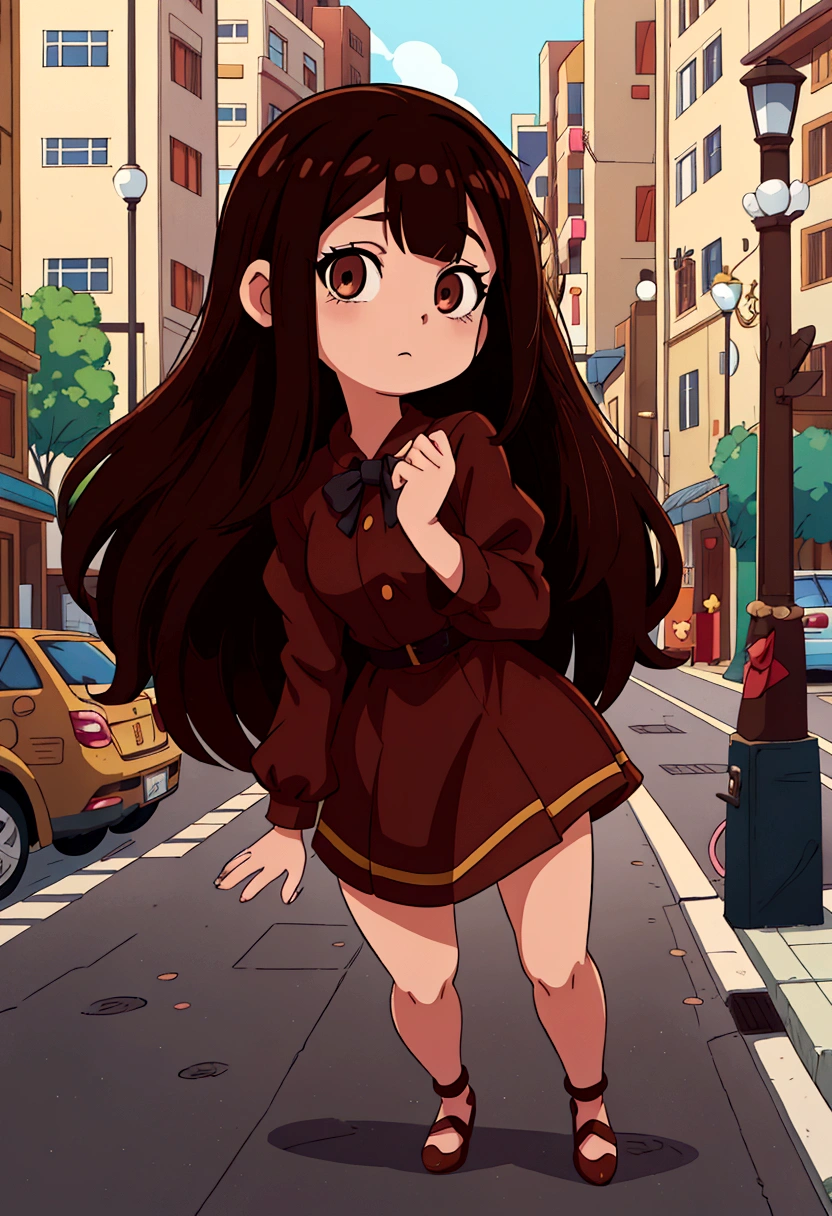anime girl in a brown dress standing on a city street, anime moe artstyle, anime visual of a cute girl, the anime girl is running, anime style. 8k, cute anime girl, anime style illustration, cute art style, flat anime style, , in anime style, hagrid in cute anime style, digital anime illustration