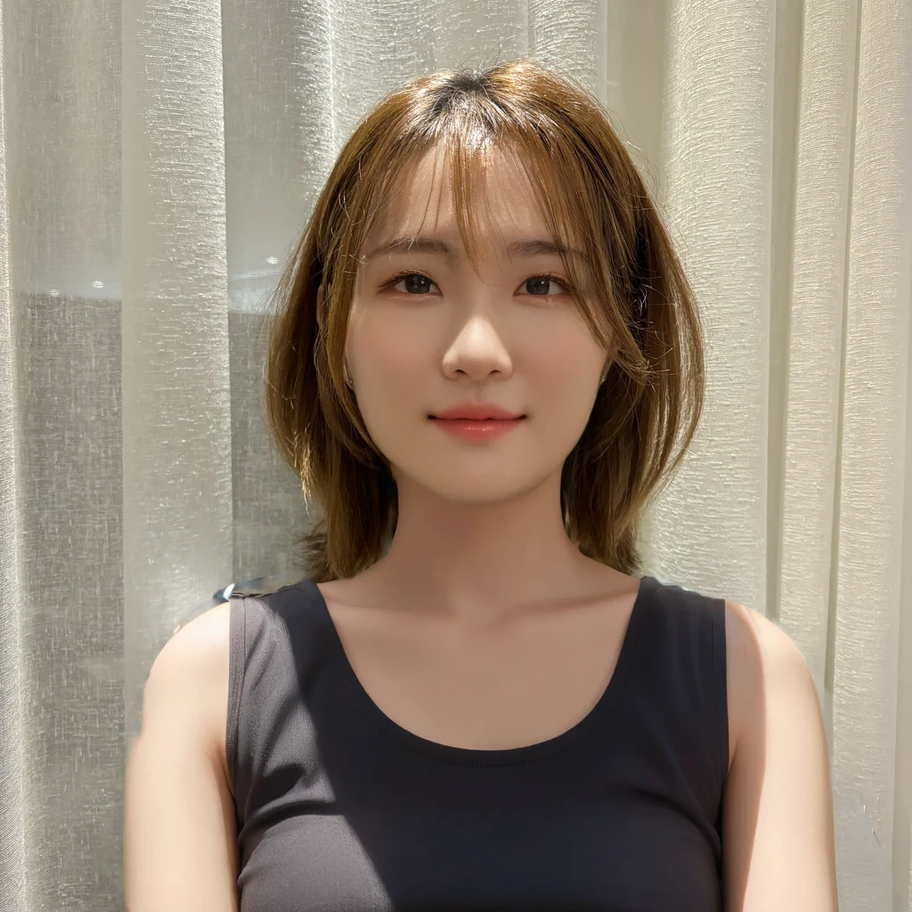 Best Quality, 8k, Masterpiece, (Portrait: 1.3), (photo realistic:1.4), (hyper realistic:1.4), Sharp Focus, looking at viewer, (smoother lighting:1.1), (increase cinematic lighting quality:0.9), realistic lighting, backlighting, light on face, ray trace, (brightening light:1.2), (Increase quality:1.4), sharp detail, (best quality real texture skin:1.4), finely detailed eyes, black_eyes, finely detailed face, 25 year old Korean woman, (black tube_top:1.4), (Create an image maintaining the original base model hairstyle:1.5)