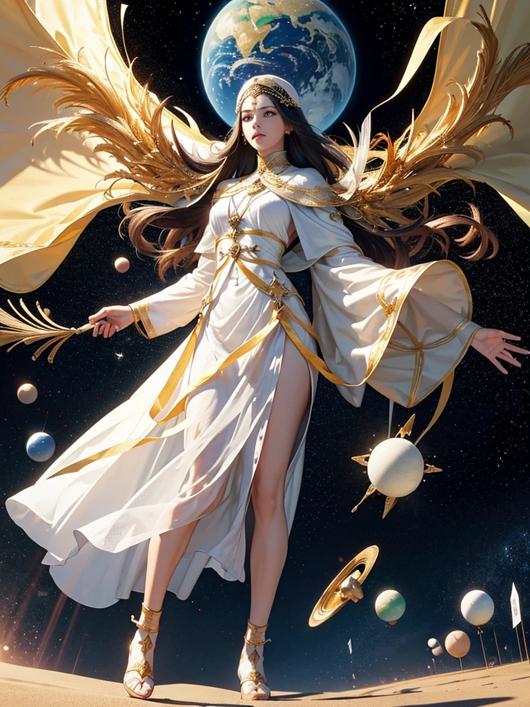 Events of the path of female saints. Astrology. Beautiful landing page on white background. Vector with group of people going on a pilgrimage without text and surrounding planets.