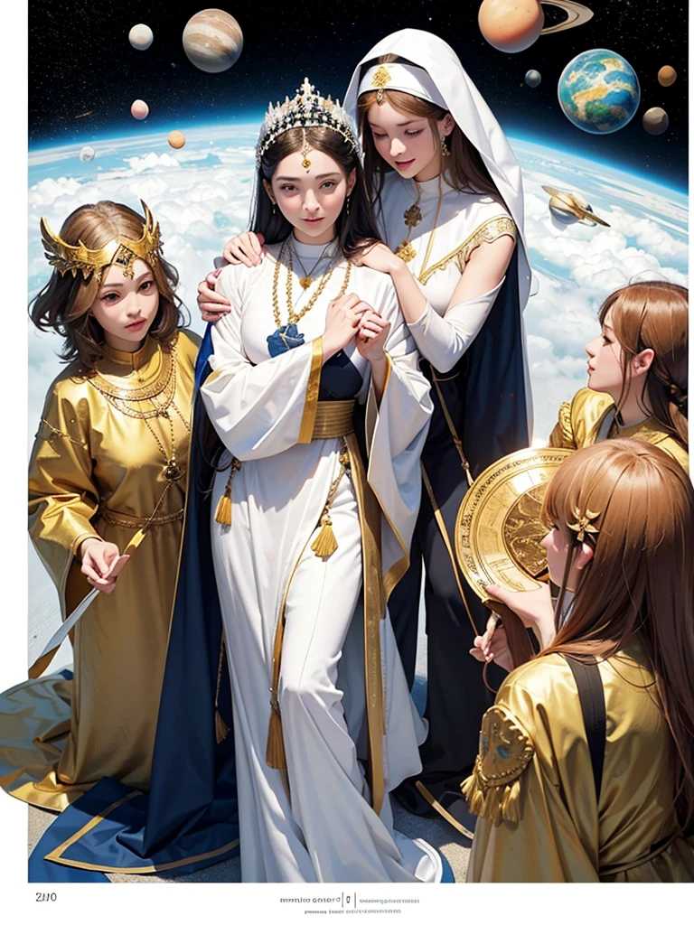 Events of the path of female saints. Astrology. Beautiful landing page on white background. Vector with group of people going on a pilgrimage without text and surrounding planets.