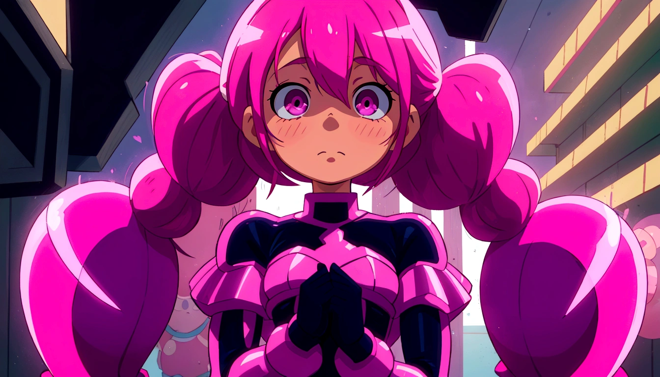a close up of a person with pink hair and a purple outfit, anime girl named lucy, humanoid pink female squid girl, pink iconic character, shining pink armor, juri misaki, pink twintail hair and cyan eyes, misato katsuragi, black magician girl, streamlined pink armor, with pink hair