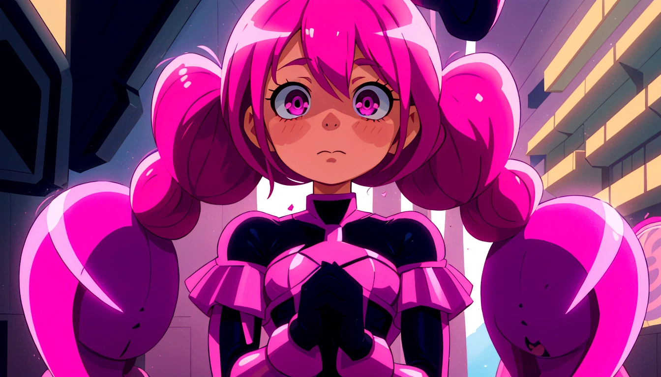 a close up of a person with pink hair and a purple outfit, anime girl named lucy, humanoid pink female squid girl, pink iconic character, shining pink armor, juri misaki, pink twintail hair and cyan eyes, misato katsuragi, black magician girl, streamlined pink armor, with pink hair