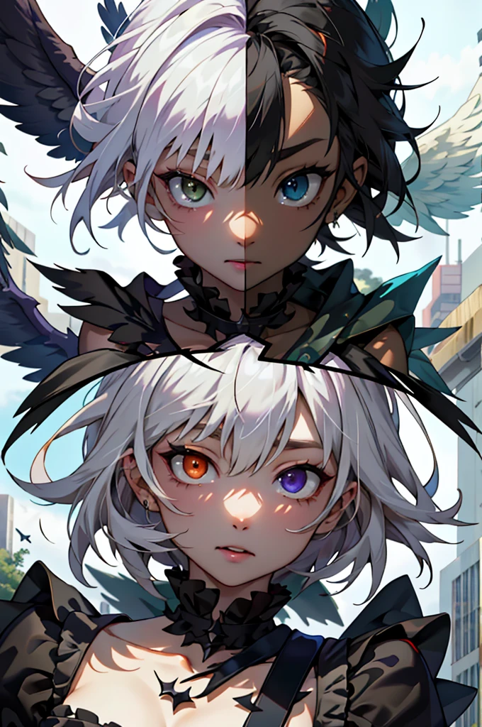 (masterpiece:1.3),(Highest quality:1.2),8K,Absurd,ユニティ 8K 壁紙,(Very detailed:1.3),Highest Resolution,
Two Girls, ,Heterochromia iridis, Gray Hair, Black Hair, Split Theme, Angel,devil,wing,