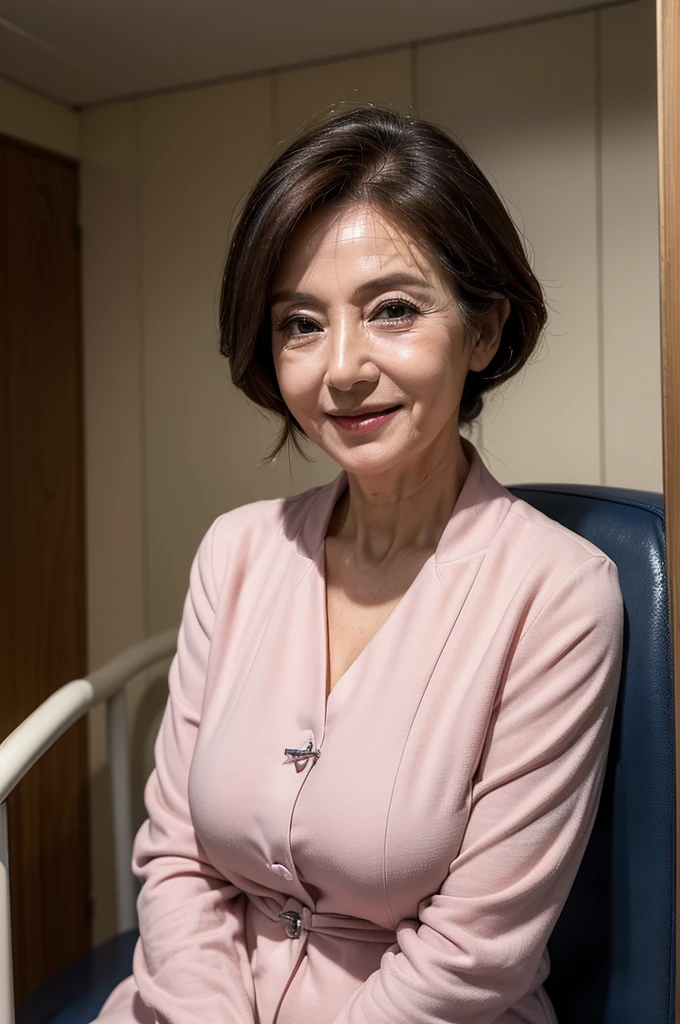 (masterpiece:1.4),(67-year-old woman:1.5),(facial wrinkles 1.2),A kind smile,maternal, Mature Woman, (dressed as a nurse), hospital