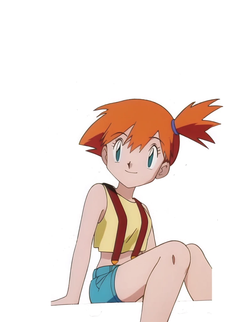(masterpiece, best quality:1.2),misty (pokemon), 1girl, 独奏, yellow shirt, sleeveless shirt, suspenders, denim shorts, outdoors,smile,looking at viewer,Smooth anime drawings、Do not change the design or details