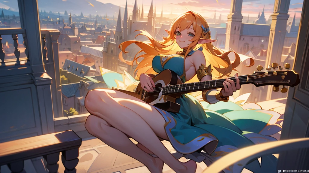 Anime Style,evening,Detailed background,Magical World,A lively balcony with many people,Smiling bard beautiful elf girl,guitar,Large Breasts,Healthy thighs,Underarm,Barefoot