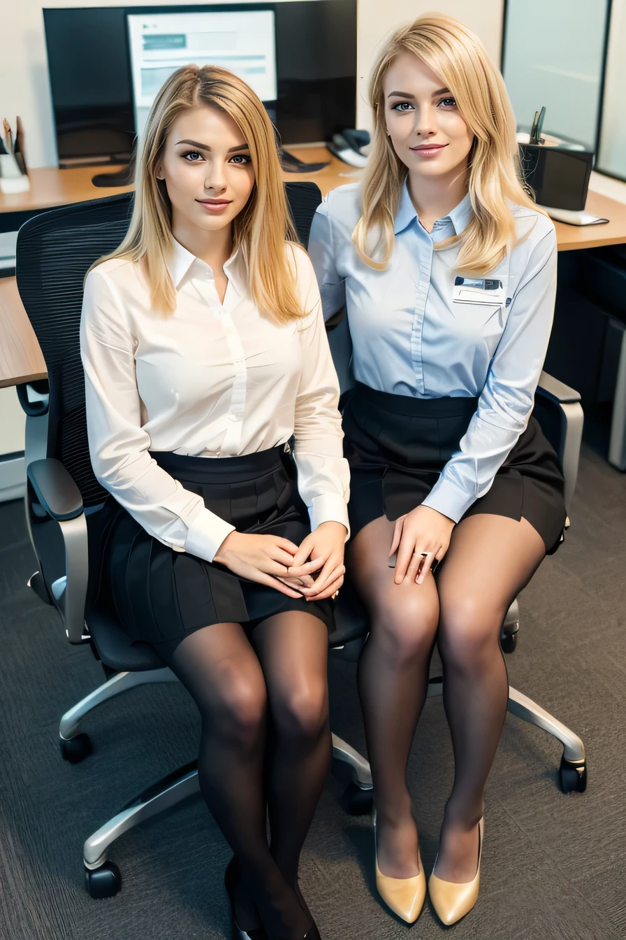 high quality,16K:1.1),((, Two German women sitting happily together in office chairs, 、Blonde Hair、((Office Lady Suits、Knee-length skirt)), tights,,(View your audience:1.3),(Full Body Shot:1.2),(Background is Office 1.2),