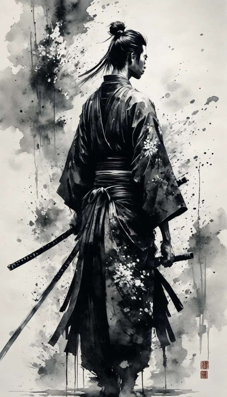 Black and white painting,Ink Painting,splash,Create a hyper-realistic and cool image of Sasaki Kojiro in the style of a black-and-white painting, incorporating elements of sumi-e (Japanese ink painting) with prominently emphasized splash effects. He should be depicted as a handsome and tall samurai, with long, flowing black hair tied back in a traditional style. He wears traditional Japanese clothing, such as a kimono with intricate patterns and a hakama, without any armor elements. He is holding his long, thin sword (nodachi) in a ready stance, as if preparing for a strike. The background should feature elements typical of sumi-e, like bamboo, with more dynamic and prominently emphasized ink splashes to add a strong sense of movement and energy, without any text or lettering.