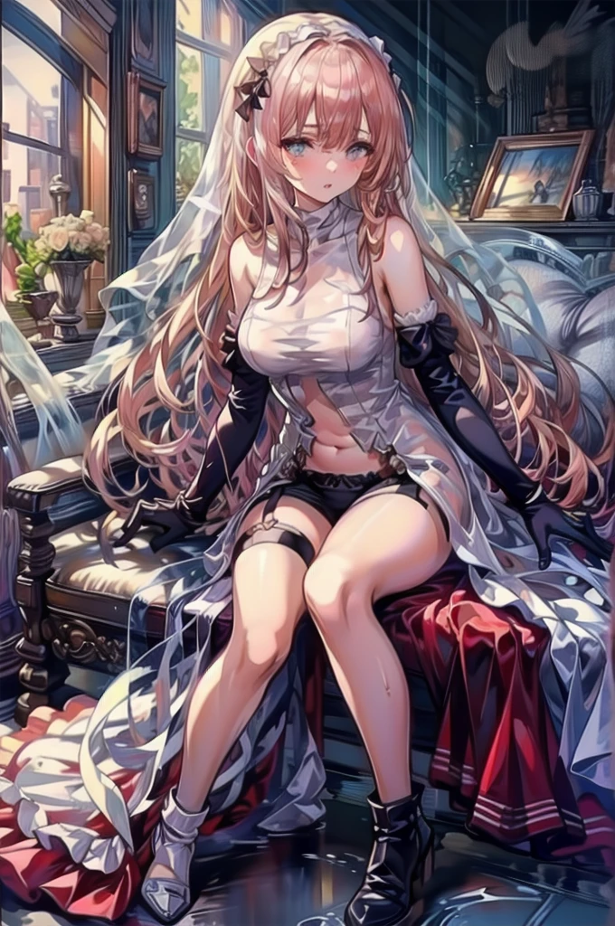 She looks away shyly　Embarrassed expression　Big Mouth　Open your mouth a little　Blonde long hair　anime　Romanesque style　 super curly hair　Super long sideburns　A wet and see-through salmon pink turtleneck wedding dress　cuteポージング　Pool at night　Droopy eyes　Ribbon Headband　天蓋付きのcuteベッド　Aqua Blue Rubber Sheet　Aqua Blue Rubber Bed　Sitting　　Blushing　A salmon pink berry long skirt that becomes transparent when wet　Wet and see-through salmon pink tights　Wet and see-through salmon pink underwear　Metallic luster　chest mesh　Multiple ribbons　Wet with rain　Wet and see-through salmon pink super long gloves　Wet and see-through salmon pink pantyhose　A shocking pink garter belt that becomes transparent when wet　beauty　beautiful　cute　clear　Big eyes　Droopy eyes　Sharp eyes　Pale pink rouge　Shocking Pink Pink Long Boots　A salmon pink bodysuit that becomes transparent when wet