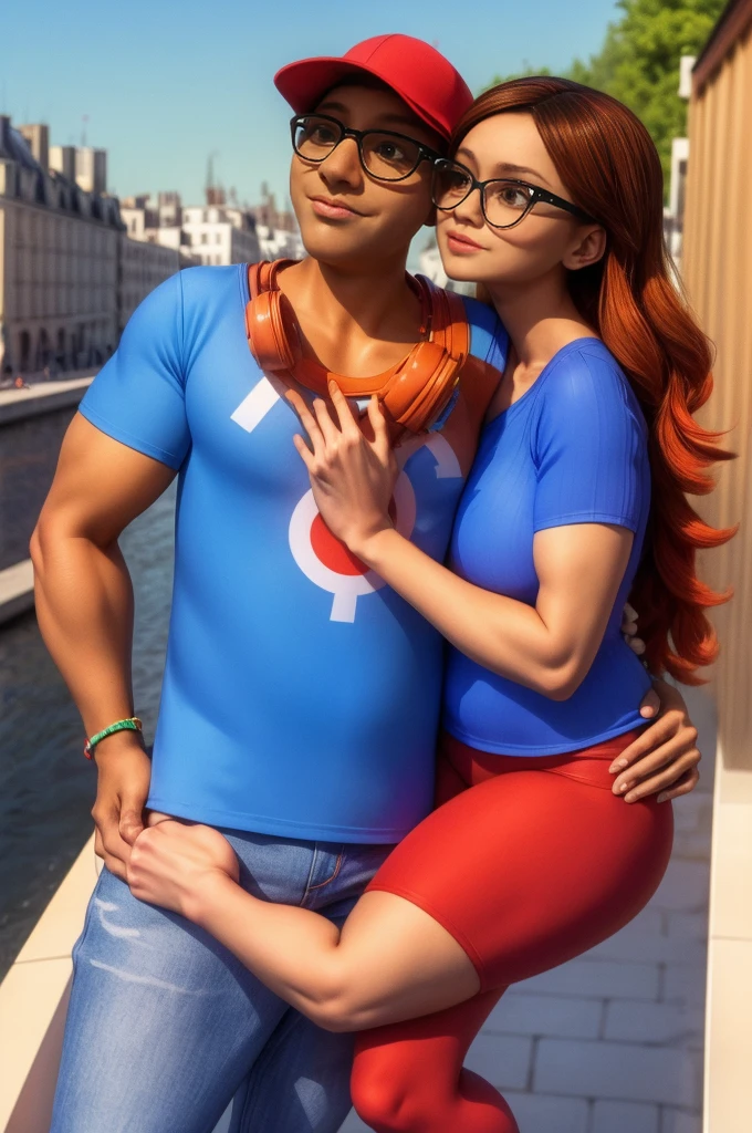 (masterpiece, best quality:1.2), A couple , boy Nino Lahiffe: Brown skin, dark hair, usually seen wearing a red cap, glasses, and casual clothing like a T-shirt and jeans, and a girl Alya Césaire: Brown skin, curly dark brown hair, often wears glasses, and typically seen in stylish, casual outfits. A casual day out with both characters in their everyday attire,Sharing a tender moment, like sitting on a rooftop overlooking Paris..(girl and boy:1), smiling, ((high resolution illustration)), ((extremely detailed)), (couple), Alya, Nino, Nino X Alya, (best quality,4k,8k,highres,masterpiece:1.2), ultra-detailed, realistic:1.37, HDR, studio lighting, extreme detail description, nino wearing a red cap, professional, vibrant colors, bokeh, ((muscular female bodybuilder)), detailed lips, strong embrace, romantic scene, intimate moment, intense passion, athletic bodies, fitness couple, gym.