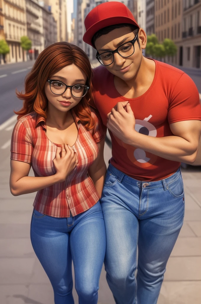 (masterpiece, best quality:1.2), A couple , boy Nino Lahiffe: Brown skin, dark hair, usually seen wearing a red cap, glasses, and casual clothing like a T-shirt and jeans, and a girl Alya Césaire: Brown skin, curly dark brown hair, often wears glasses, and typically seen in stylish, casual outfits. A casual day out with both characters in their everyday attire,Sharing a tender moment, like sitting on a rooftop overlooking Paris..(girl and boy:1), smiling, ((high resolution illustration)), ((extremely detailed)), (couple), Alya, Nino, Nino X Alya, (best quality,4k,8k,highres,masterpiece:1.2), ultra-detailed, realistic:1.37, HDR, studio lighting, extreme detail description, nino wearing a red cap, professional, vibrant colors, bokeh, ((muscular female bodybuilder)), detailed lips, strong embrace, romantic scene, intimate moment, intense passion, athletic bodies, fitness couple, gym.