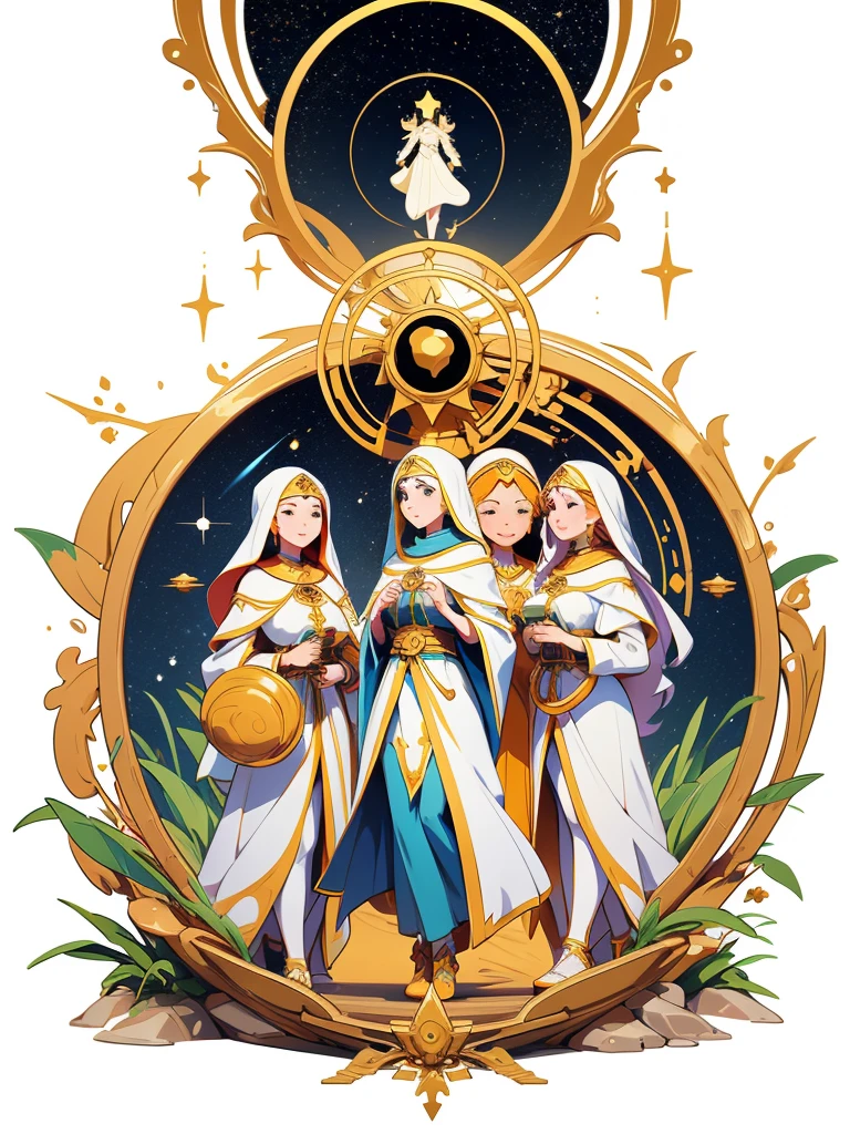 Events of the path of female saints. Astrology. Beautiful landing page on white background. Vector with group of people going on a pilgrimage without text and surrounding planets.